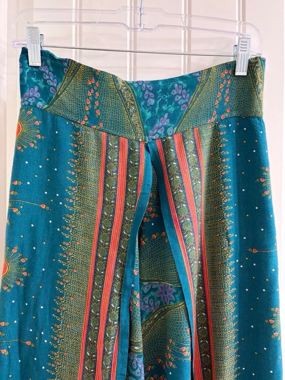 Three Cranes Gallery Women's Teal Printed Split-Leg Palazzo Pants S/M Boho Artsy - Picture 3 of 8